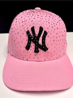Pink Rhinestone Baseball Cap with Black Rhinestoned Yankees Logo